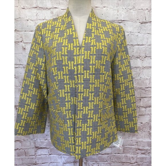 Kasper Open Front Blazer Jacket Size 10 Black Yellow Houndstooth Plaid NEW - Picture 1 of 11